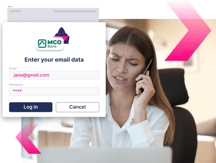 A woman on the phone looks concerned while a suspicious banking login screen asking for email and password is displayed in the foreground—highlighting the urgent need to stop more ATOs.