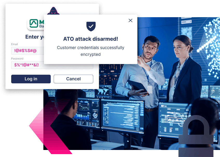 A pop-up message states "ATO attack disarmed! Customer credentials successfully encrypted" over a background of professionals in a cybersecurity control room, taking action to stop more ATOs and protect sensitive data.