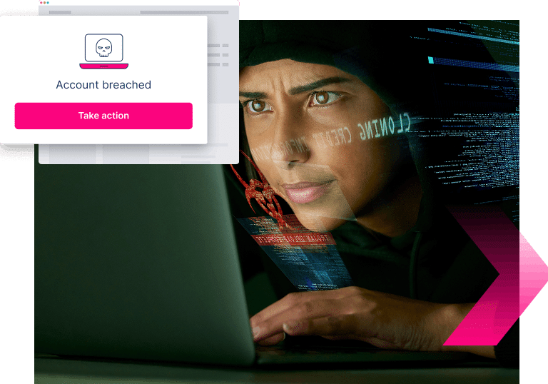 A person in a dark hoodie uses a laptop, overlaid with code graphics. A pop-up onscreen shows "Account breached" and a pink "Take action" button—highlighting the urgent need to stop more ATOs.