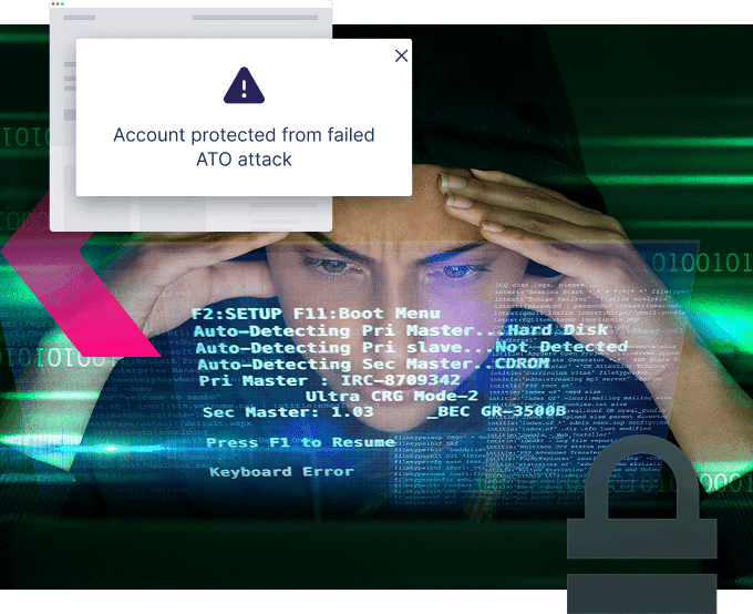 A person looks at a computer screen displaying security alerts and code, with a notification reading "Account protected from failed ATO attack," showing how to stop more ATOs before they cause harm.