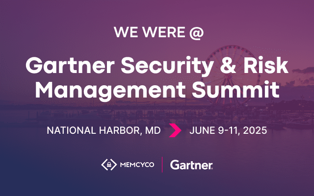 Announcing Memcyco at Gartner Security & Risk Management Summit 2025, June 9-11 in National Harbor, MD—featuring Memcyco and Gartner logos set against a scenic waterfront backdrop.