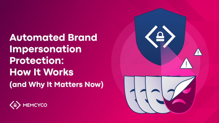Illustration showing a shield protecting documents with warning symbols, alongside the text: "Automated brand impersonation protection: How It Works (and Why It Matters Now).