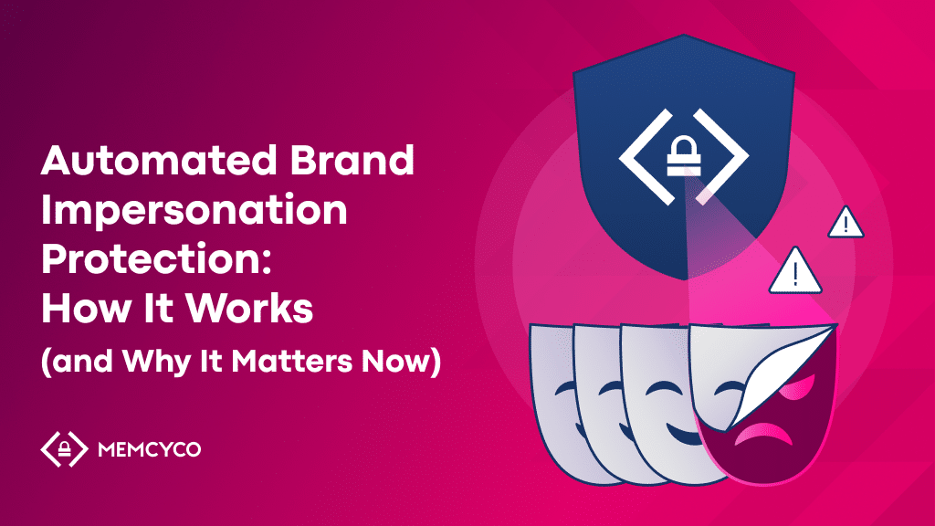 Illustration showing a shield protecting documents with warning symbols, alongside the text: "Automated brand impersonation protection: How It Works (and Why It Matters Now).