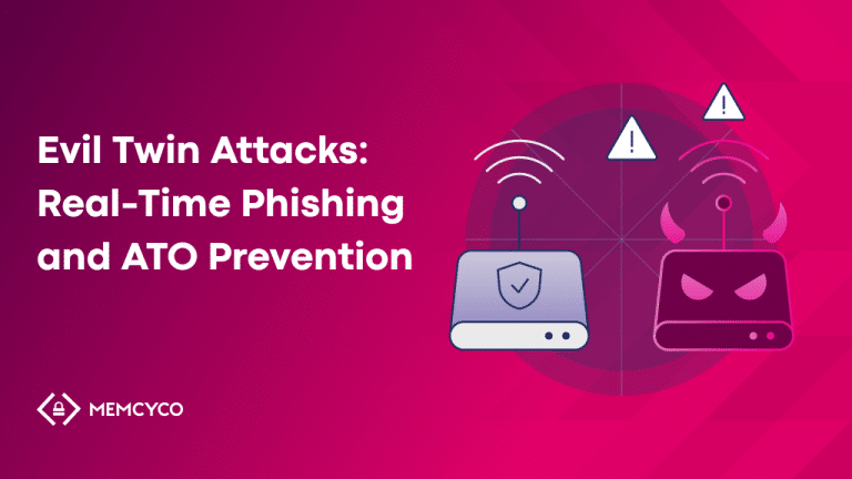 Two router icons, one normal and one with devil horns, are shown with alert symbols on a pink background, illustrating Evil Twin attack prevention. Text reads: "Evil Twin Attacks: Real-Time Phishing and ATO Prevention.