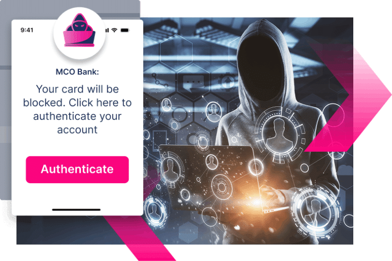 A hooded figure using a laptop is overlaid with digital icons, next to a fake bank alert urging account authentication to avoid a card block—highlighting the urgent need to stop more ATOs.