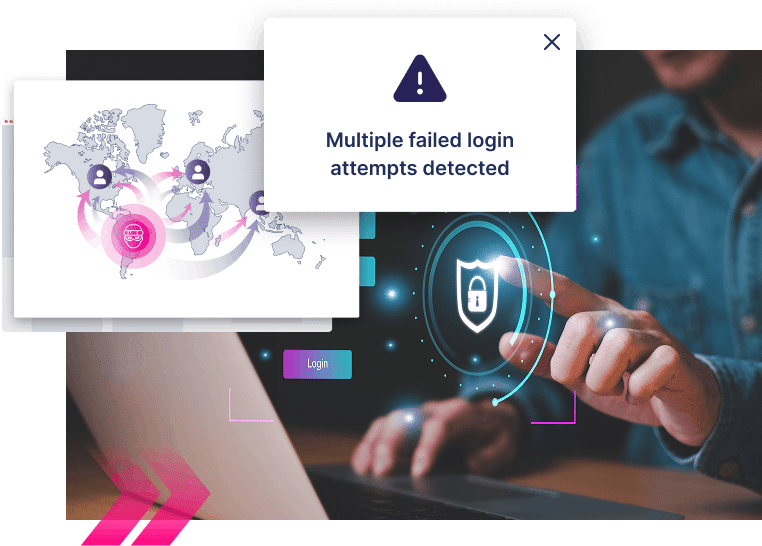 Person interacting with a virtual security interface on a laptop, monitoring alerts for multiple failed login attempts and a world map with security icons—working to stop more ATOs and keep online accounts secure.