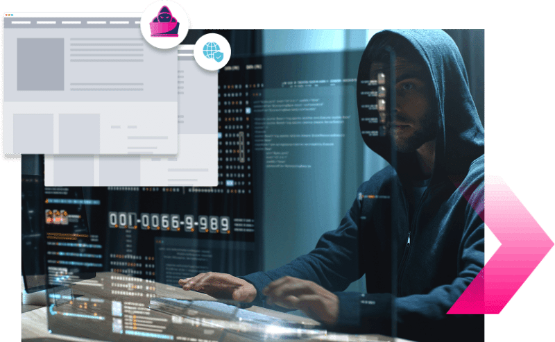 A person in a hoodie uses a computer with digital code and data graphics overlaid, representing cybersecurity efforts to stop more ATOs or hacking activities.