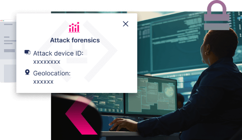 A person sits at a desk with multiple monitors displaying data, while an overlay shows attack forensics with device ID and geolocation information to help stop more ATOs.