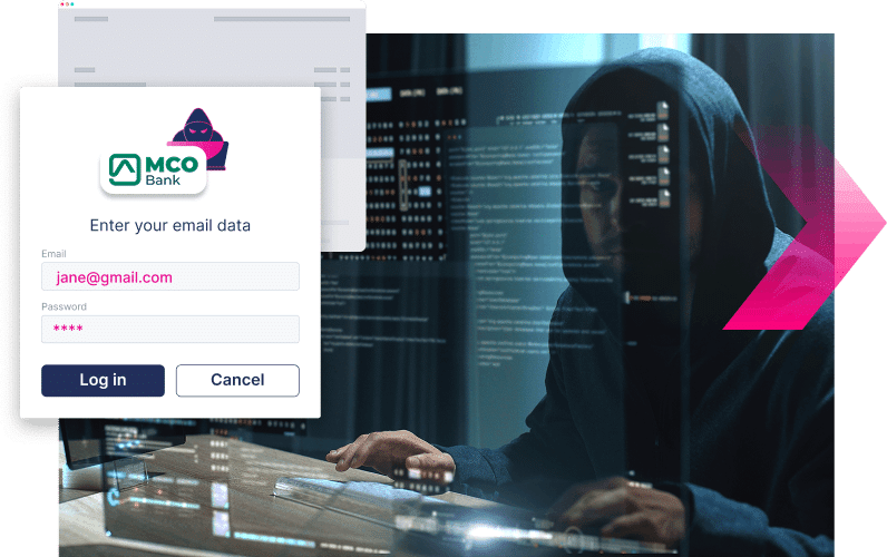 A person in a dark hoodie sits at a desk with multiple monitors, while a phishing login form for "MCO Bank" is displayed in the foreground—highlighting the need to stop more ATOs.