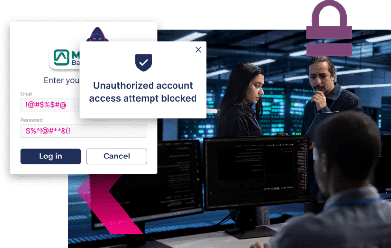 Two people stand by computer monitors in an office. Overlaid pop-ups show a login screen and a message: "Unauthorized account access attempt blocked." Advanced security helps stop more ATOs before they occur.