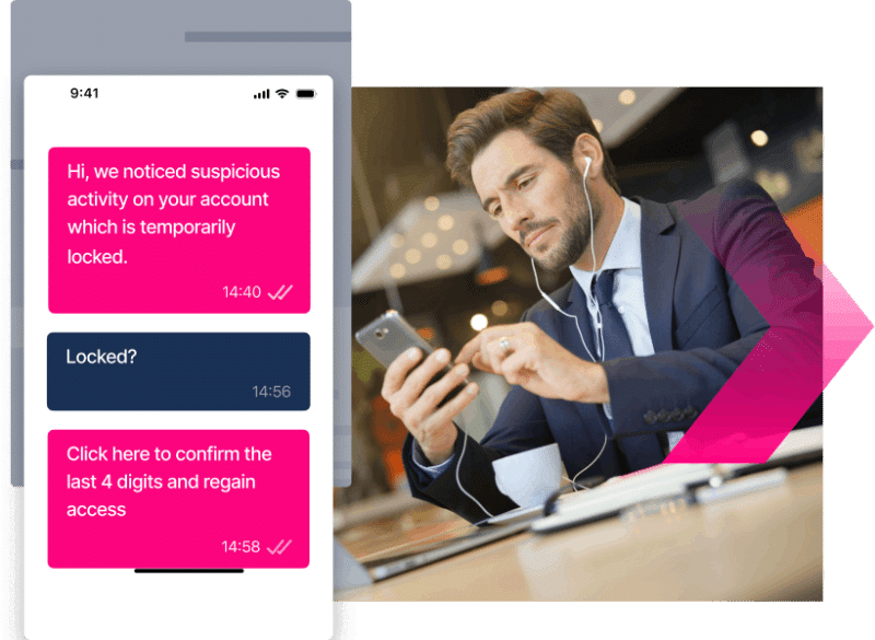 A man in a suit looks at his phone while a chat screen warns of suspicious account activity related to credit card scams and asks to confirm digits to regain access.
