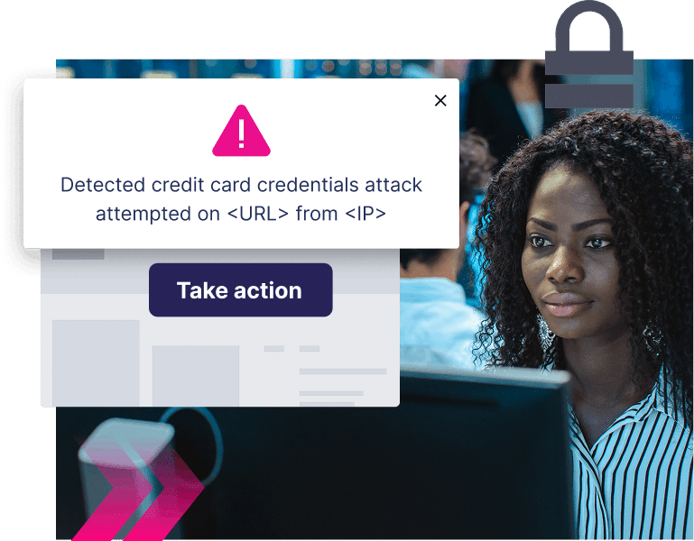 A woman looks at a computer screen with a security alert pop-up warning of detected Credit Card Scams, offering a "Take action" button.
