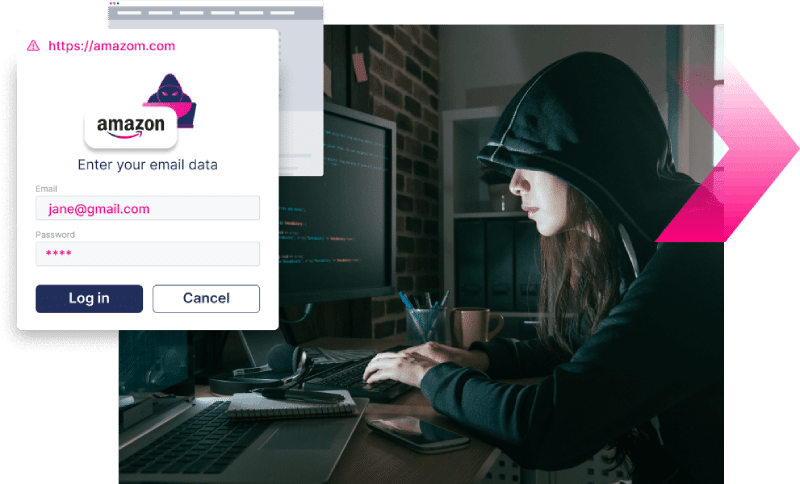 A person in a hoodie sits at a computer in a dark room while a fake Amazon login page requesting email and password is shown on the screen, hinting at potential credit card scams.