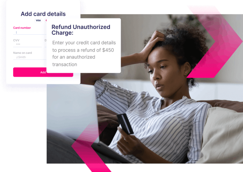 A woman sitting on a couch holds a credit card and looks at her laptop, where on-screen pop-ups prompt her to enter card details for a refund—an all-too-common tactic used in credit card scams.