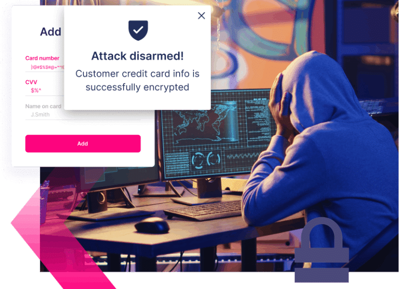 A person in a hoodie sits at a computer with coding screens; a pop-up states, "Attack disarmed! Credit Card Scams thwarted—customer credit card info is successfully encrypted.