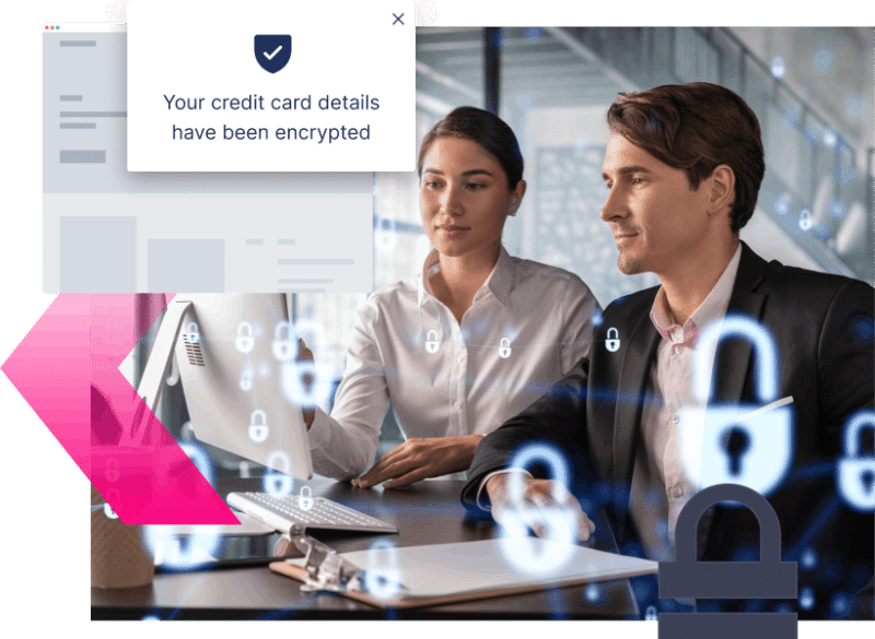 Two people in business attire work at a computer, with a security message stating, "Your credit card details have been encrypted," and padlock icons highlighting protection against Credit Card Scams.