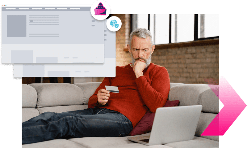A man sits on a couch holding a credit card and looking at a laptop screen, with digital browser window graphics overlaid in the foreground, highlighting the importance of Digital Impersonation protection.