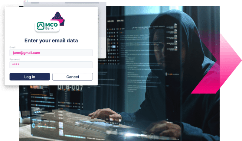 A person in a hoodie sits at a computer in a dark room, with a fake bank login screen requesting email and password data—a reminder of the importance of Digital Impersonation protection.