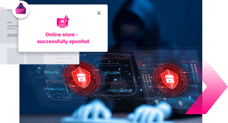 A person in a hoodie types on a keyboard as digital graphics display security warnings and the message "Online store - successfully spoofed," highlighting the need for Digital Impersonation protection.