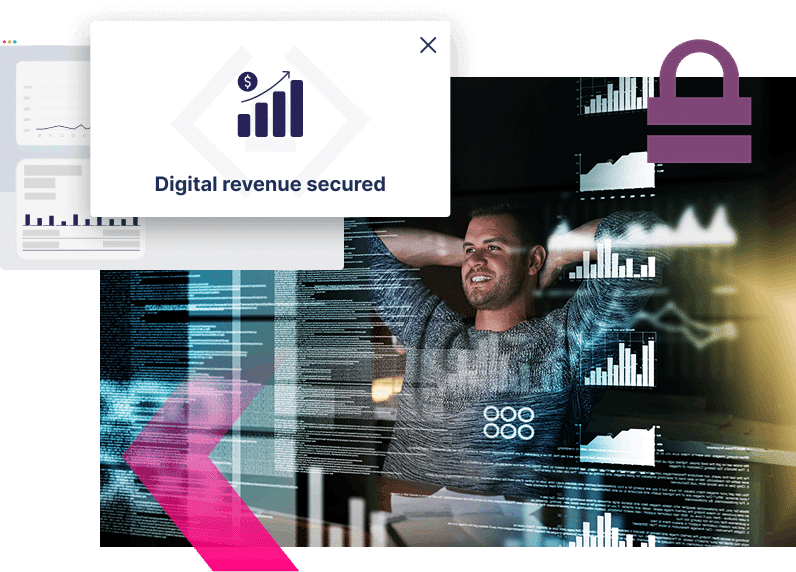 A man sits at a desk with code and graphs projected in front of him; a notification reads "Digital revenue secured" alongside a chart, dollar symbol, and Digital Impersonation protection alert.