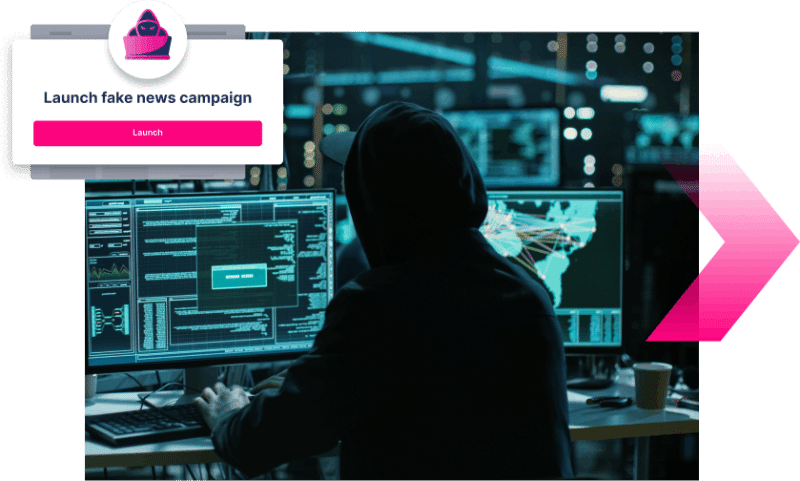 A person wearing a hoodie sits at a desk with multiple monitors displaying code and maps. An overlay shows a button labeled "Launch fake news campaign," highlighting the urgent need for Digital Impersonation protection.