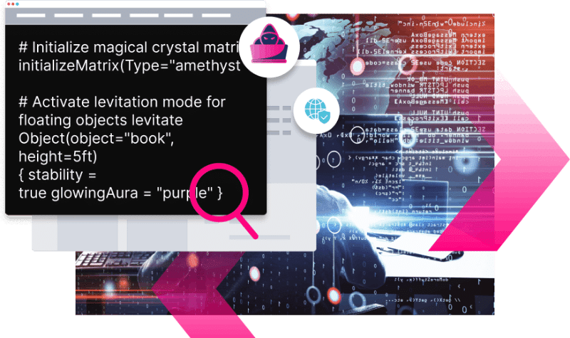 A digital collage shows code snippets, data symbols, and a magnifying glass highlighting pseudo-code about levitation alongside hints of SEO security in a futuristic, tech-themed design.