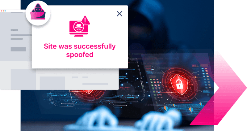 A computer screen displays a warning stating, "Site was successfully spoofed," with digital security graphics and a person typing in the background—highlighting a common use case of SEO poisoning attacks.