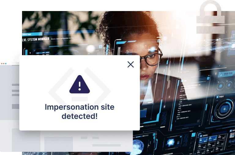 A warning message reading "Impersonation site detected!" appears over a person working at a computer, highlighting the dangers of SEO poisoning through deceptive digital interface graphics.