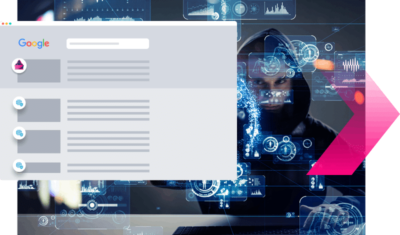A person in a hoodie is seen behind digital security graphics and a web search interface, hinting at cybersecurity threats like SEO poisoning or hacking use cases.