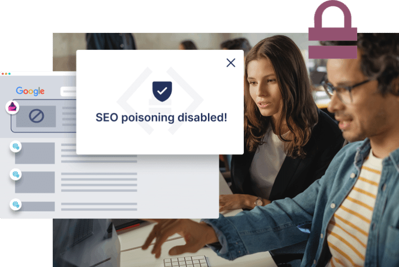 Two people work at a computer while a pop-up on screen reads "SEO poisoning disabled!"—highlighting an SEO poisoning use case—beside an illustrated Google search page and a padlock icon.
