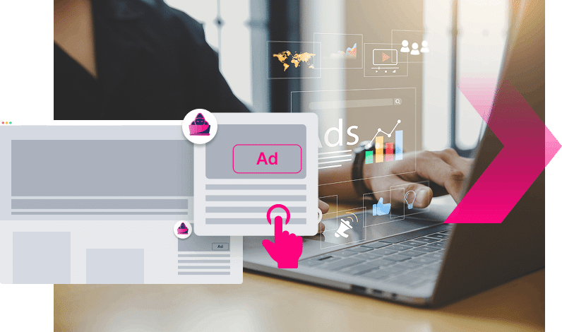 A person types on a laptop with digital marketing graphics—including charts, ads, and social media icons—overlaid in the foreground, highlighting an SEO poisoning use case.