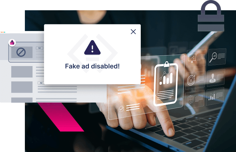A person uses a laptop with a pop-up notification saying "Fake ad disabled!" while digital graphics of charts and data hint at an SEO poisoning attempt detected amid concerns of search engine manipulation.