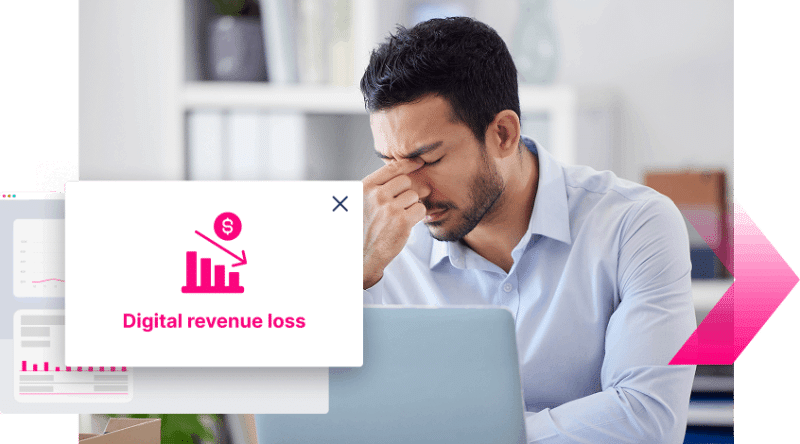 A man sits at a desk looking stressed, with a pop-up graphic in the foreground showing a downward graph and the text "Digital revenue loss" due to SEO poisoning.