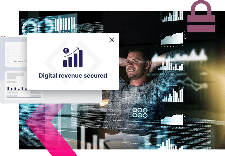 A man sits at a computer with digital graphs on screens; a pop-up message reads "Digital revenue secured" as he monitors for SEO threats, with a dollar sign and bar chart icon.