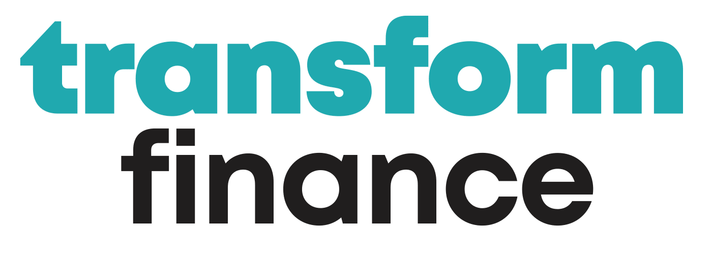 The image shows the words "transform finance" in bold, lowercase letters; "transform" is in teal, and "finance" is in black, referencing Memcyco at 2nd Edition Fraud & Scams Leaders Summit.