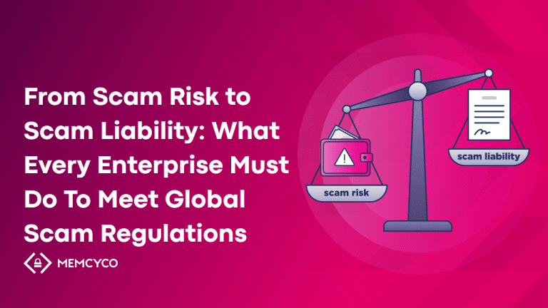 A graphic shows a balance scale with "scam risk" and "scam liability" on each side, alongside text about how enterprises can meet global scam regulations.