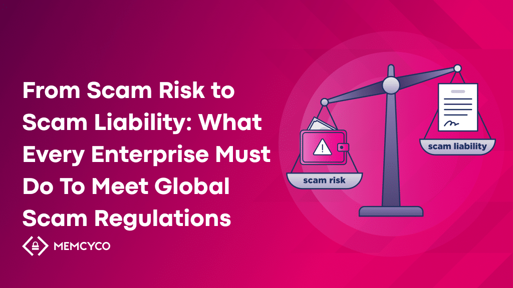 A graphic shows a balance scale with "scam risk" and "scam liability" on each side, alongside text about how enterprises can meet global scam regulations.