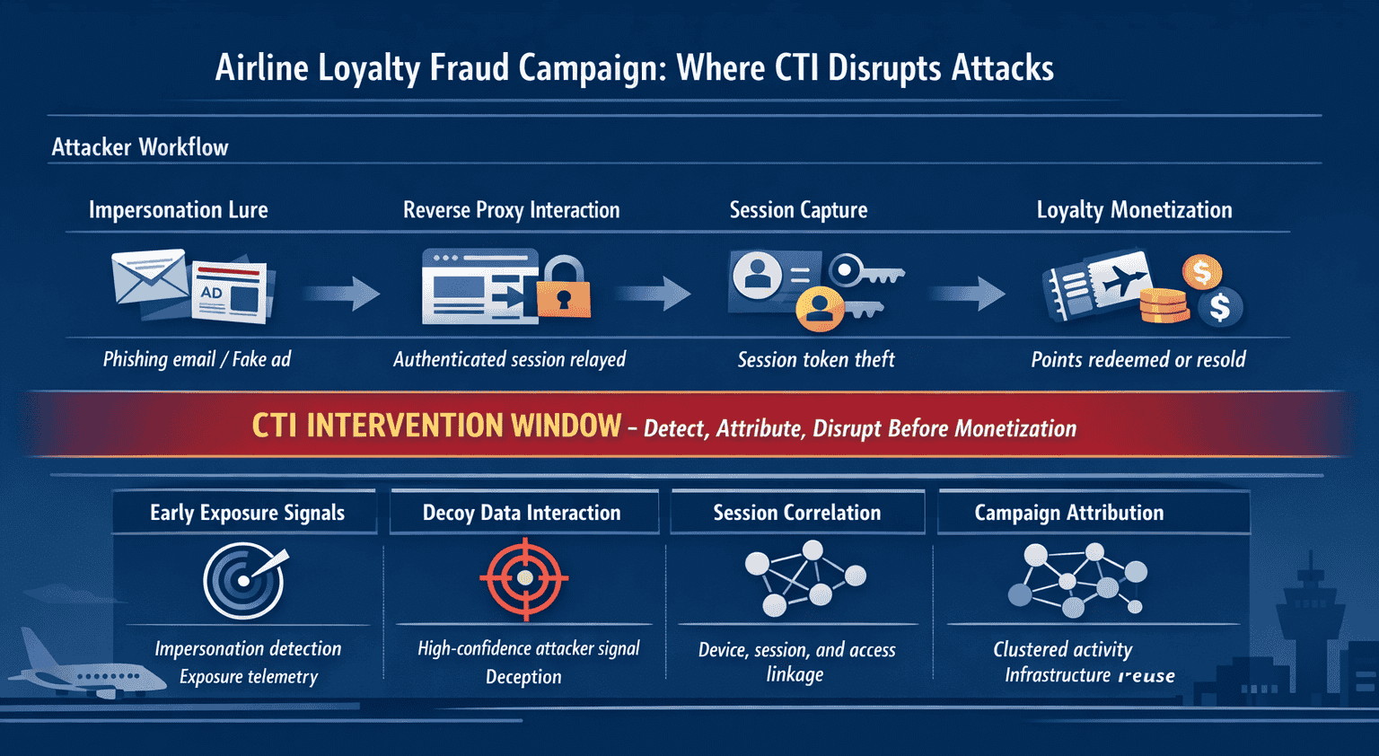 Diagram showing an airline loyalty fraud attack chain from impersonation and session capture to points monetization, highlighting where cyber threat intelligence teams gain early visibility and disrupt access-based attacks before monetization.