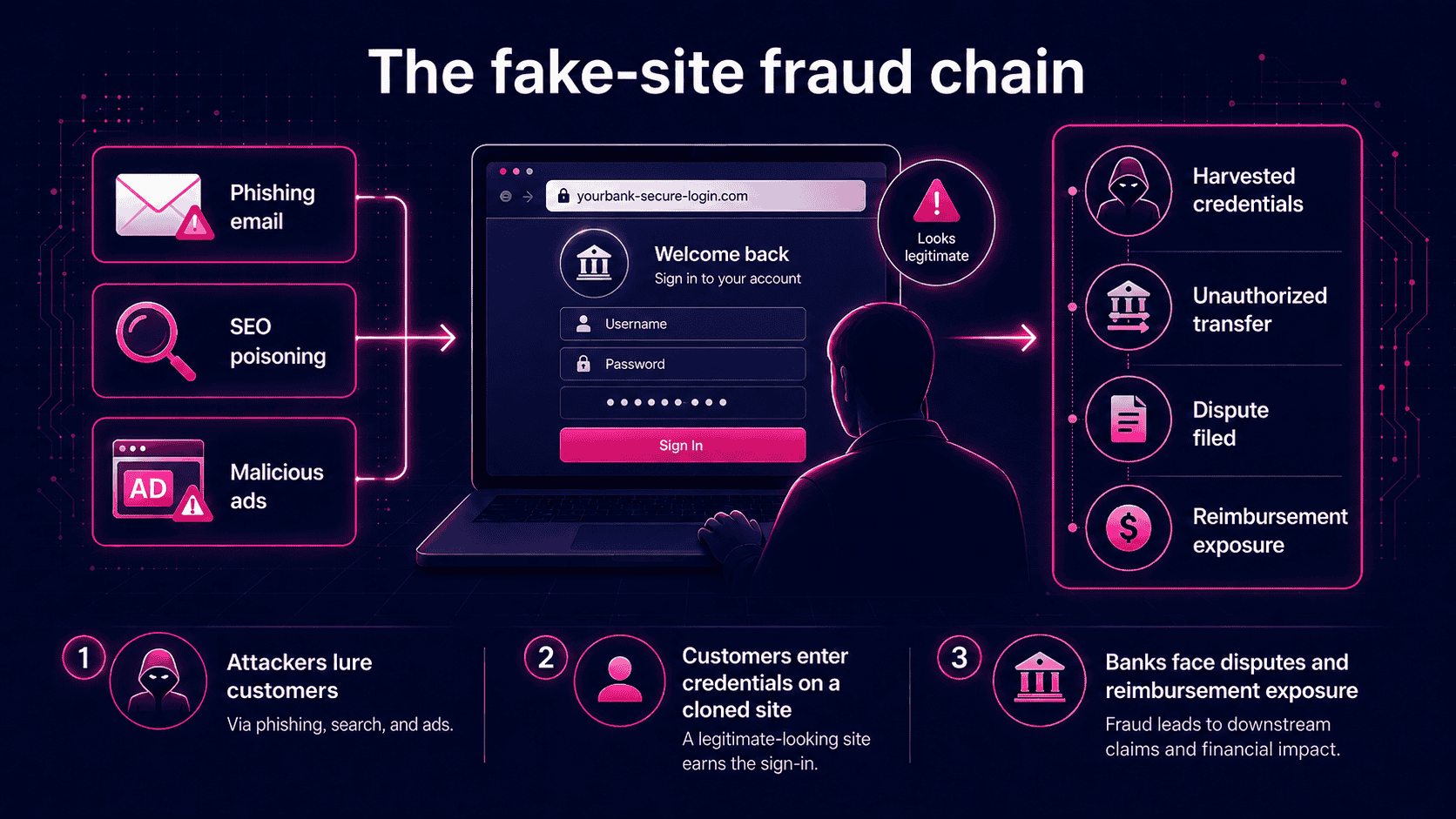 Fake banking site fraud chain showing phishing, SEO poisoning, and malicious ads leading customers to a cloned banking login page, credential exposure, disputed transfers, and reimbursement exposure.