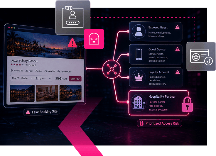 Diagram showing cybersecurity risks for a fake hospitality booking site, including exposed guest info, compromised devices, loyalty accounts, and hospitality partners, highlighting prioritized access risk.