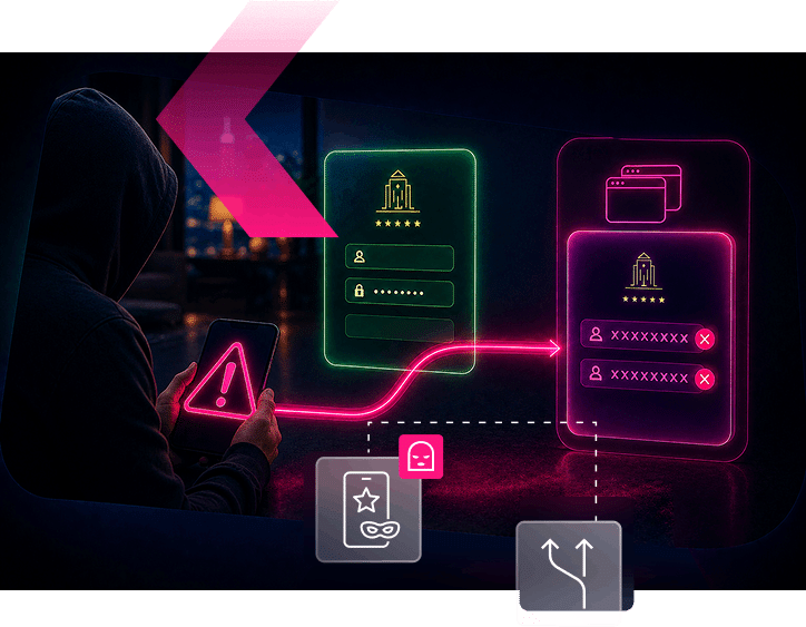 Person with hoodie holding tablet, neon graphics show login screens, warning icon, and arrows illustrating a cyberattack or phishing scenario with password theft—a growing concern in the hospitality industry.