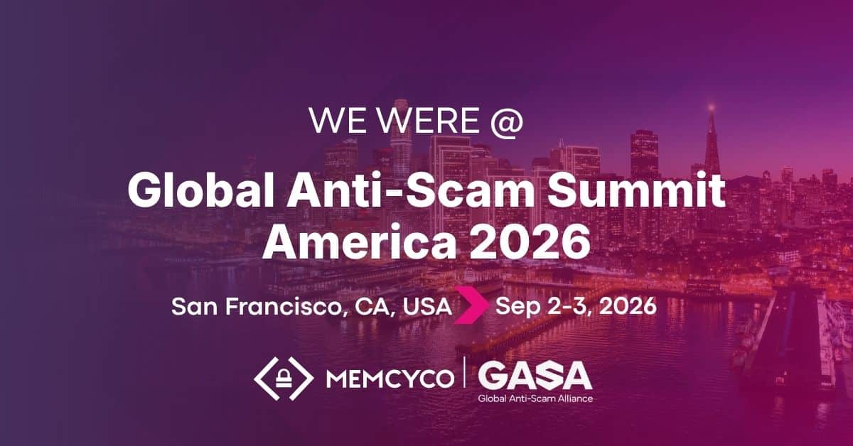 Banner for Global Anti-Scam Summit America 2026 in San Francisco, CA, on September 2-3, featuring Memcyco at Global Anti-Scam Summit America 2026 and GASA logos, with the city skyline in the background.