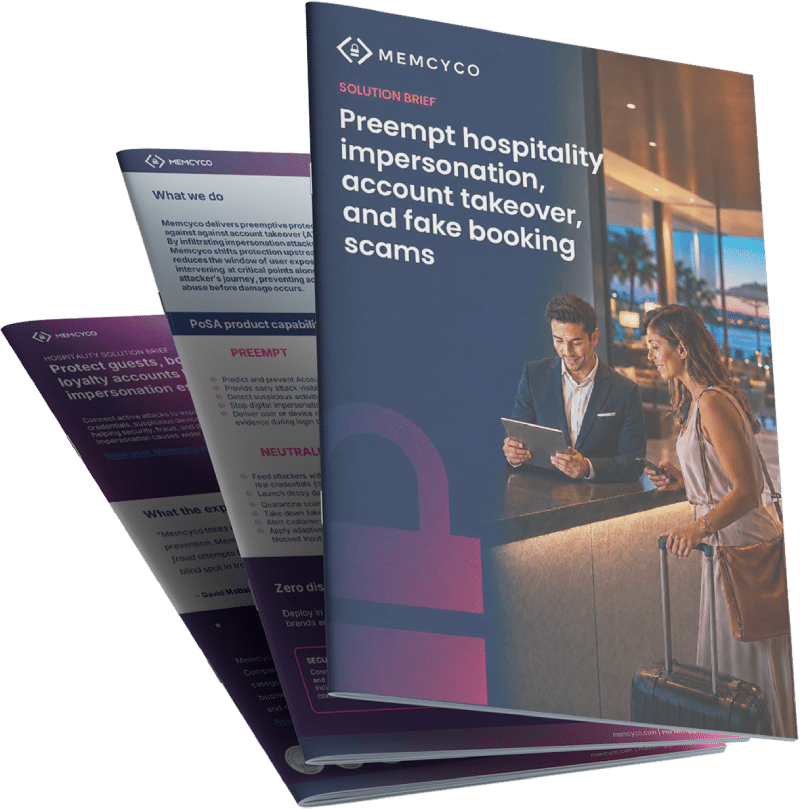 Three hospitality brochures titled “Preempt hospitality impersonation, account takeover, and fake booking scams” with a cover image of two people at a hotel reception desk.