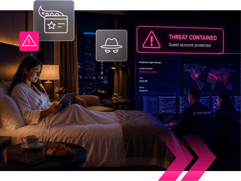 A woman uses a tablet in bed, illustrating how hospitality environments can benefit from advanced digital security, while two people monitor security screens. Digital icons and alerts about account threats and protection are overlaid.