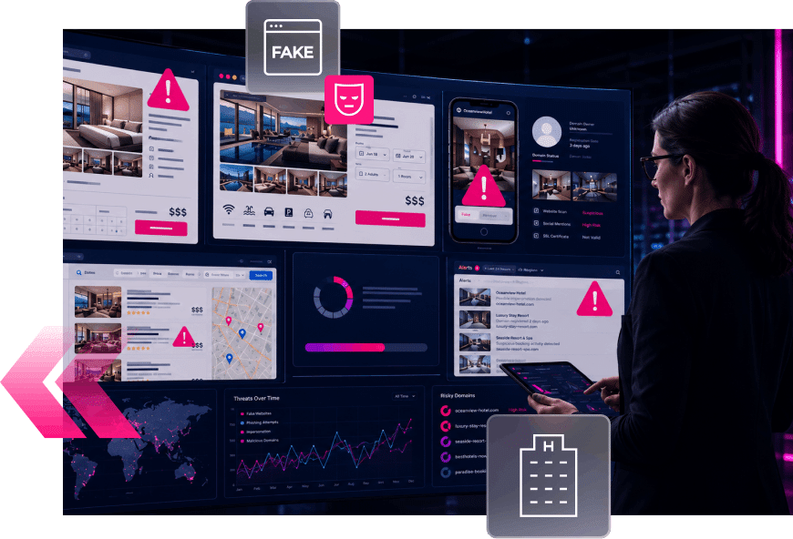 A person analyzes digital dashboards displaying charts, maps, warnings, and fake content alerts related to the hospitality industry on a large screen, using a tablet in a dark, modern workspace.